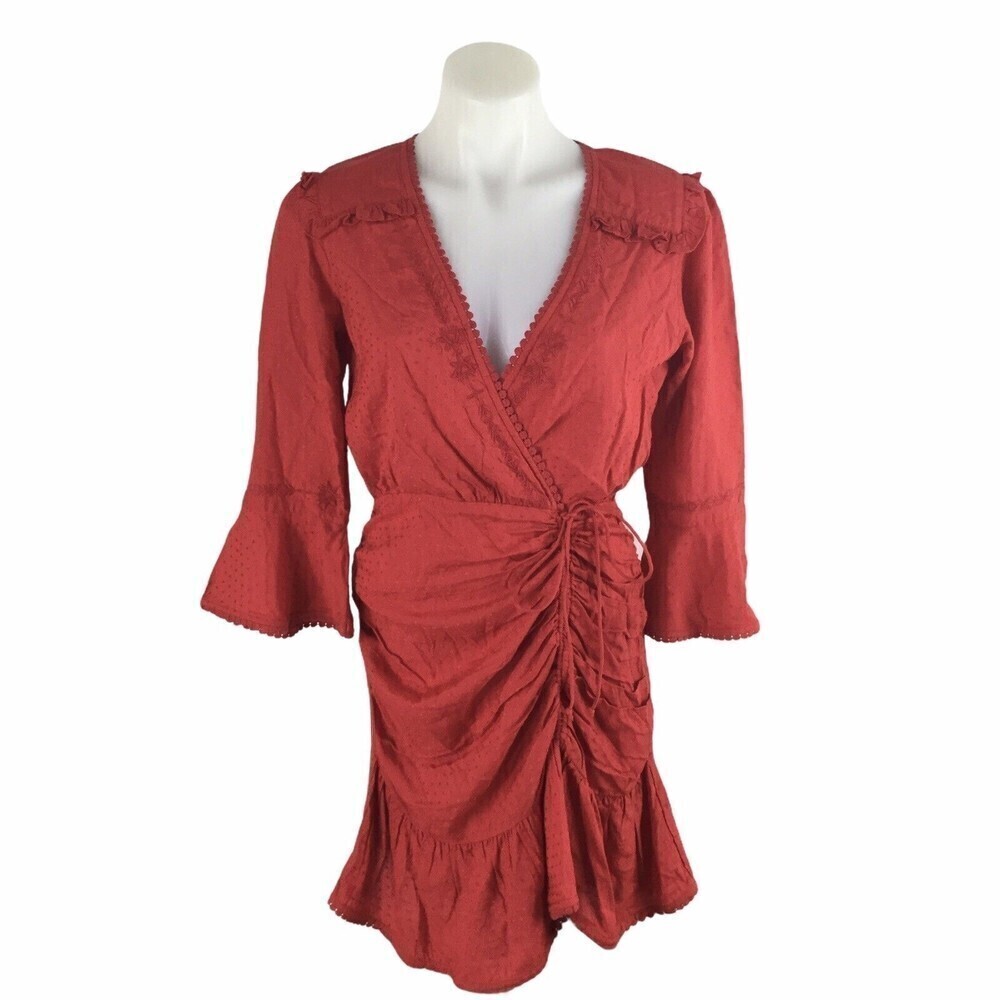 Tularosa Joannie Dress Red Ruched V Neck Embroidered Wrap Tie Front Size S